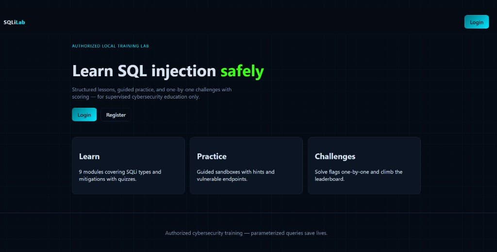 SQLiLab cybersecurity training platform screenshot